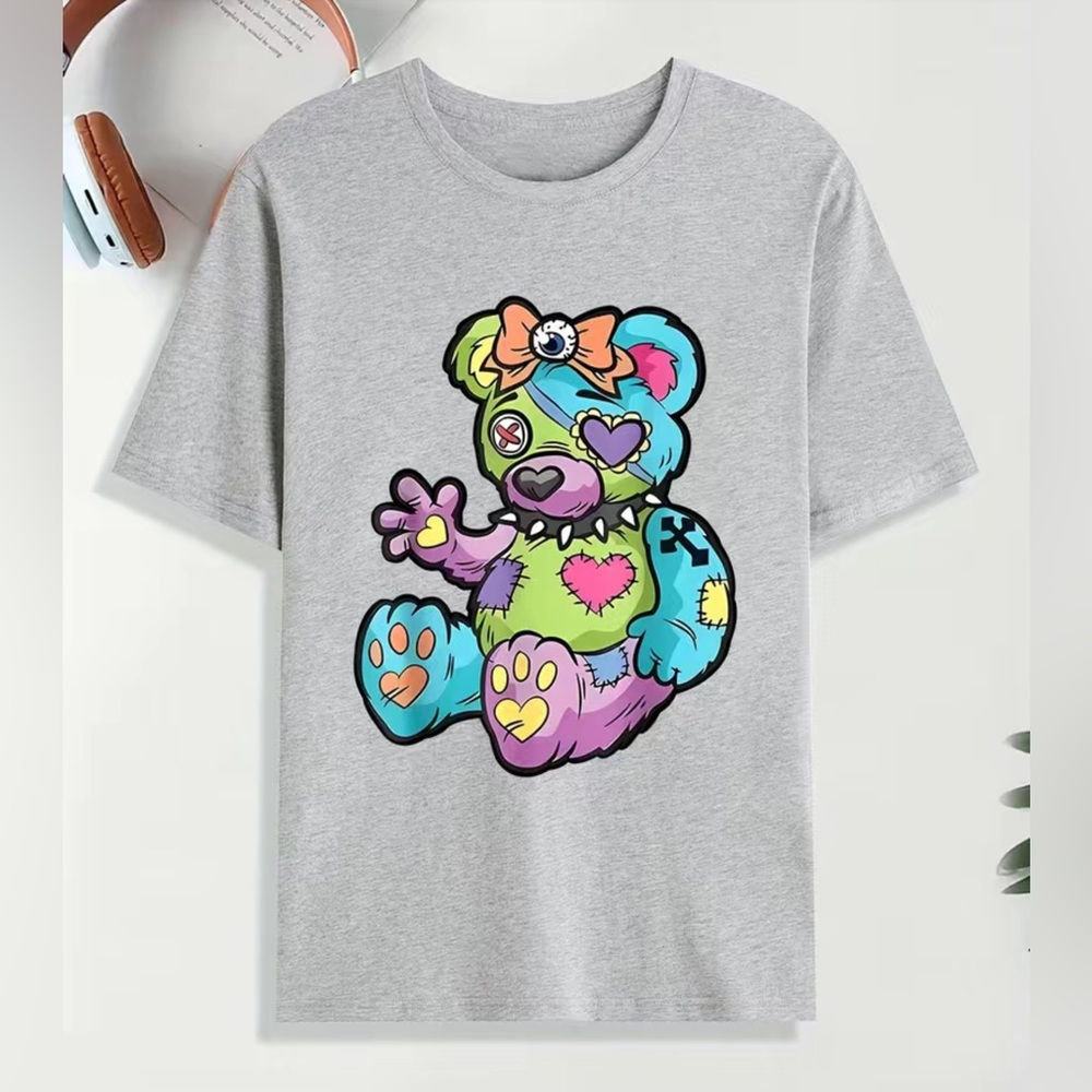 Horror Bear White Multicolor T-Shirt Men's Size L Unisex Halloween Gothic Edgy